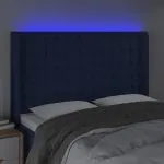 Tăblie de pat cu LED, albastru, 147x16x118/128 cm, textil