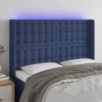 Tăblie de pat cu LED, albastru, 147x16x118/128 cm, textil