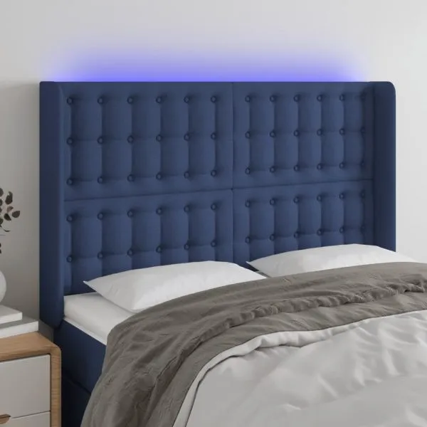 Tăblie de pat cu LED, albastru, 147x16x118/128 cm, textil