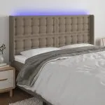 Tăblie de pat cu LED, gri taupe, 163x16x118/128 cm, textil