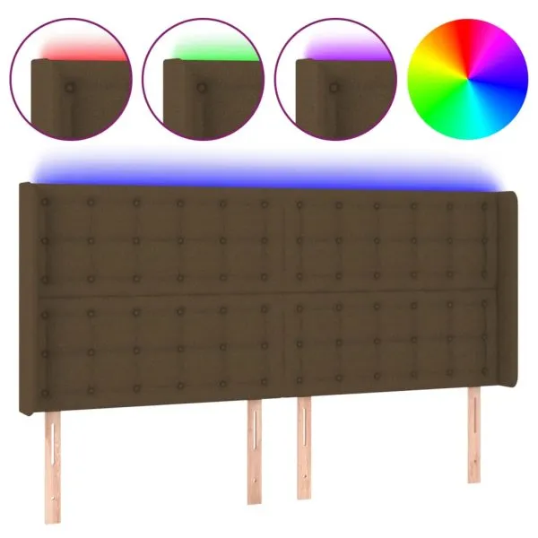 Tăblie de pat cu LED, maro închis, 183x16x118/128 cm, textil