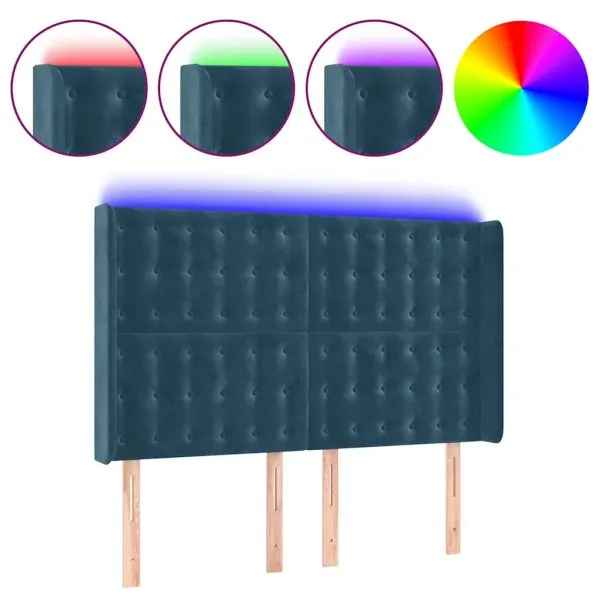 Tăblie de pat cu LED, albastru închis, 147x16x118/128cm catifea