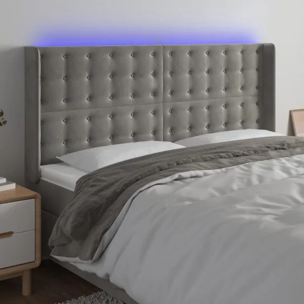 Tăblie de pat cu LED, gri deschis, 163x16x118/128 cm, catifea