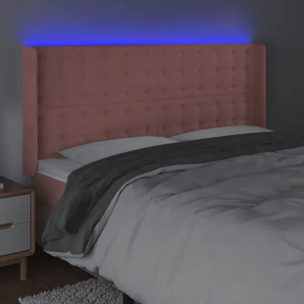 Tăblie de pat cu LED, roz, 163x16x118/128 cm, catifea