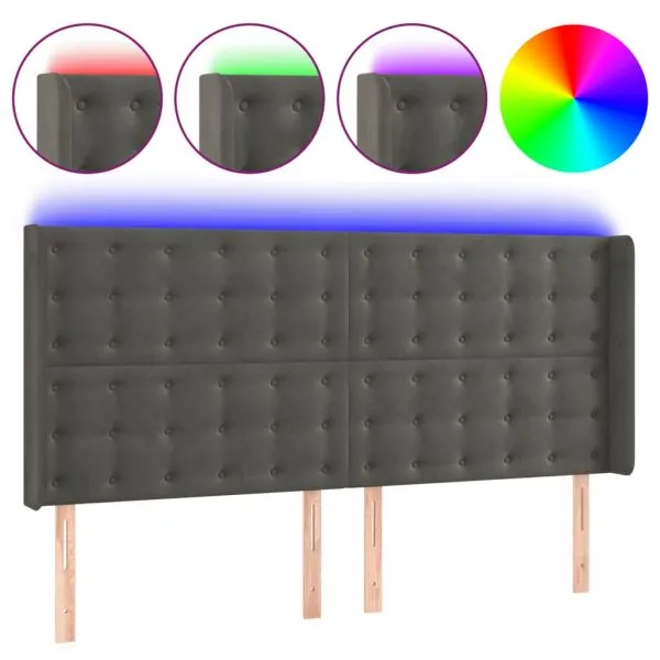 Tăblie de pat cu LED, gri închis, 183x16x118/128 cm, catifea