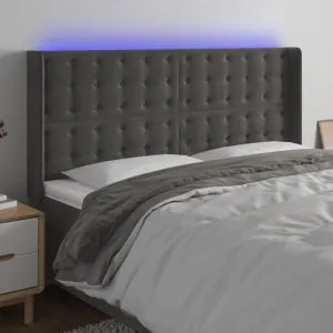 Tăblie de pat cu LED, gri închis, 183x16x118/128 cm, catifea