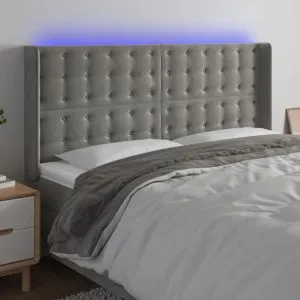 Tăblie de pat cu LED, gri deschis, 203x16x118/128 cm, catifea