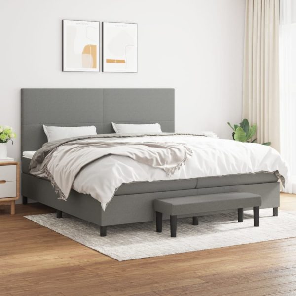Pat box spring cu saltea, gri închis, 200×200 cm, textil