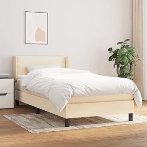 Pat box spring cu saltea, crem, 90×190 cm, textil