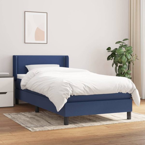 Pat box spring cu saltea, albastru, 100×200 cm, textil