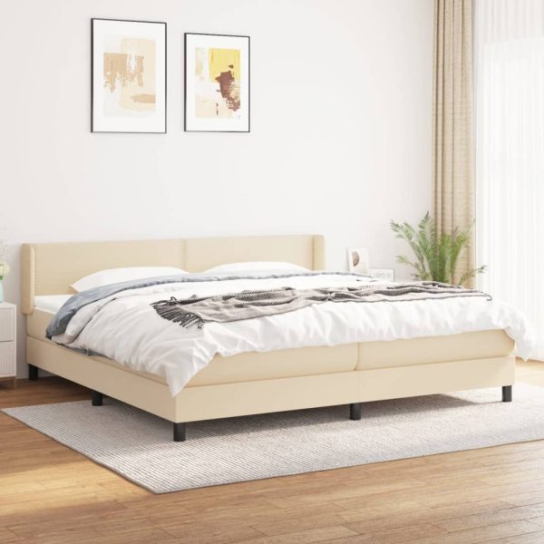 Pat box spring cu saltea, crem, 200×200 cm, textil