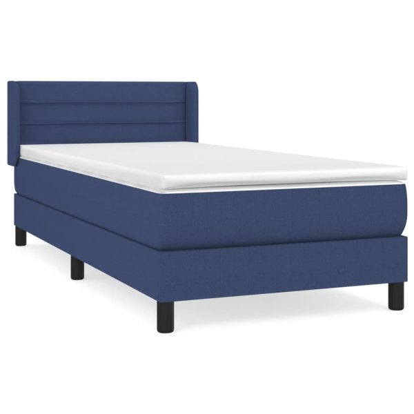 Pat box spring cu saltea, albastru, 90×190 cm, textil