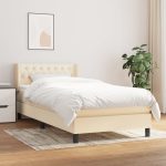 Pat box spring cu saltea, crem, 90×200 cm, textil