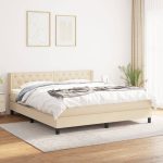 Pat box spring cu saltea, crem, 160×200 cm, material textil
