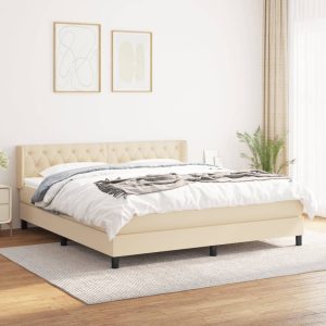 Pat box spring cu saltea, crem, 160×200 cm, material textil