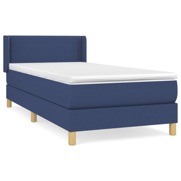 Pat box spring cu saltea, albastru, 90×190 cm, textil