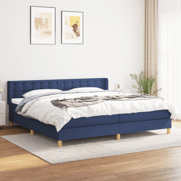Pat box spring cu saltea, albastru, 200×200 cm, textil