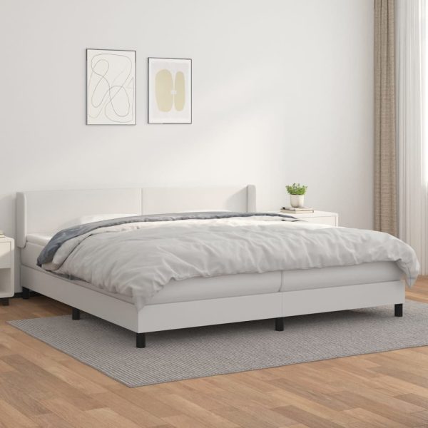 Pat box spring cu saltea, alb, 200×200 cm, piele ecologică