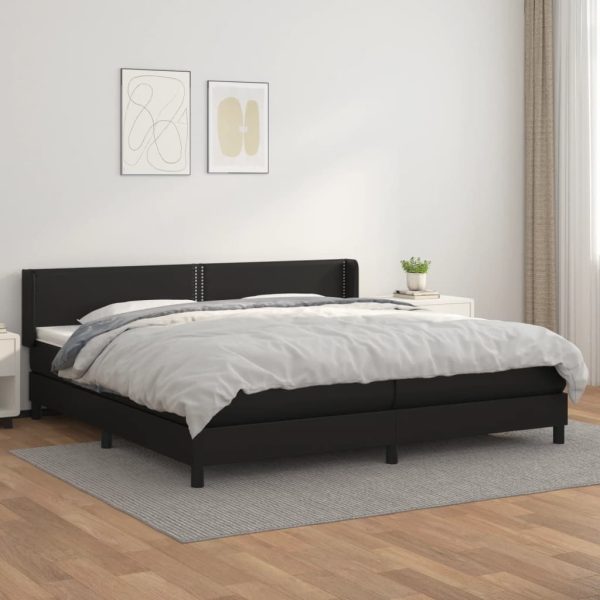 Pat box spring cu saltea, negru, 200×200 cm, piele ecologică