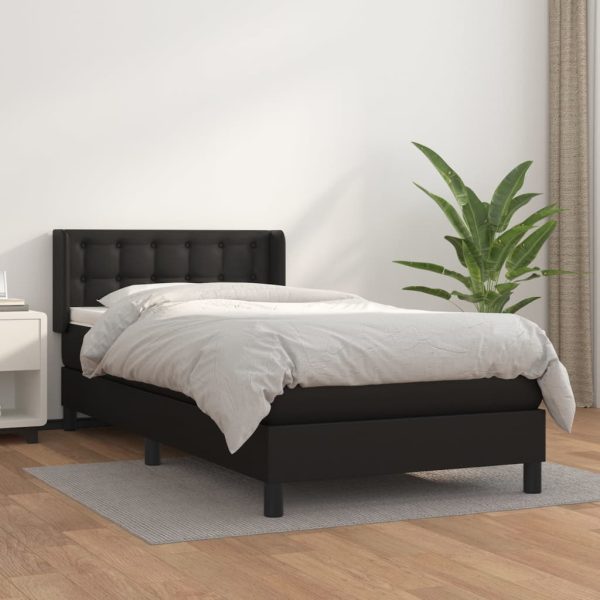 Pat box spring cu saltea, negru, 90×190 cm, piele ecologică