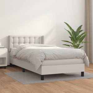 Pat box spring cu saltea, alb, 100×200 cm, piele ecologică