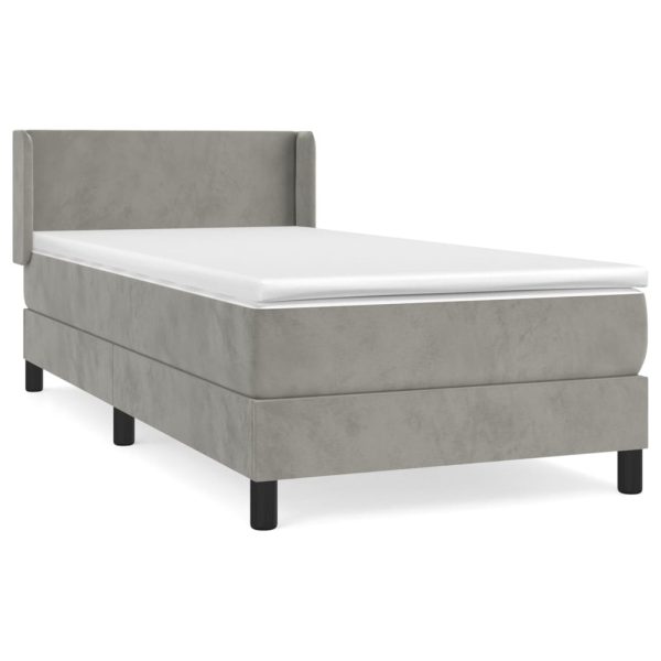Pat box spring cu saltea, gri deschis, 90×200 cm, catifea