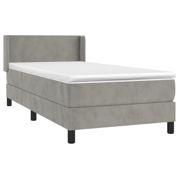 Pat box spring cu saltea, gri deschis, 90×200 cm, catifea