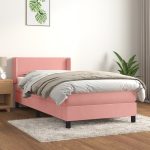 Pat box spring cu saltea, roz, 90×200 cm, catifea