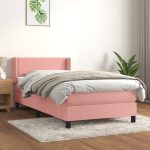 Pat box spring cu saltea, roz, 90×190 cm, catifea