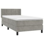 Pat box spring cu saltea, gri deschis, 90×190 cm, catifea