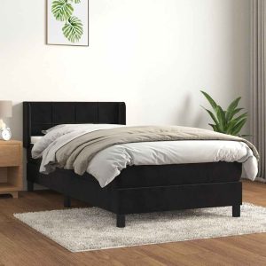 Pat box spring cu saltea, negru, 90×190 cm, catifea