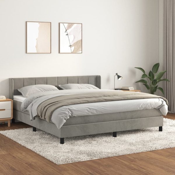 Pat box spring cu saltea, gri deschis, 180×200 cm, catifea