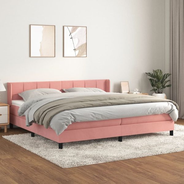 Pat box spring cu saltea, roz, 200×200 cm, catifea