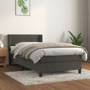 Pat box spring cu saltea, gri închis, 80×200 cm, catifea