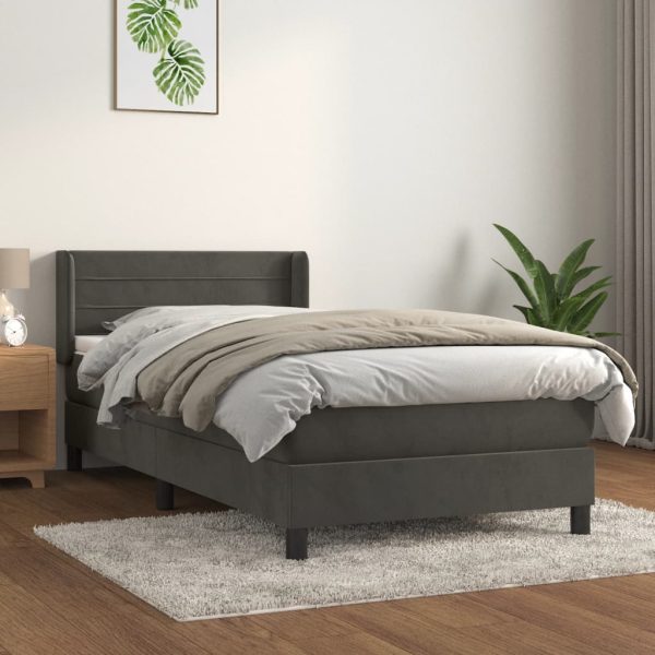 Pat box spring cu saltea, gri închis, 80×200 cm, catifea