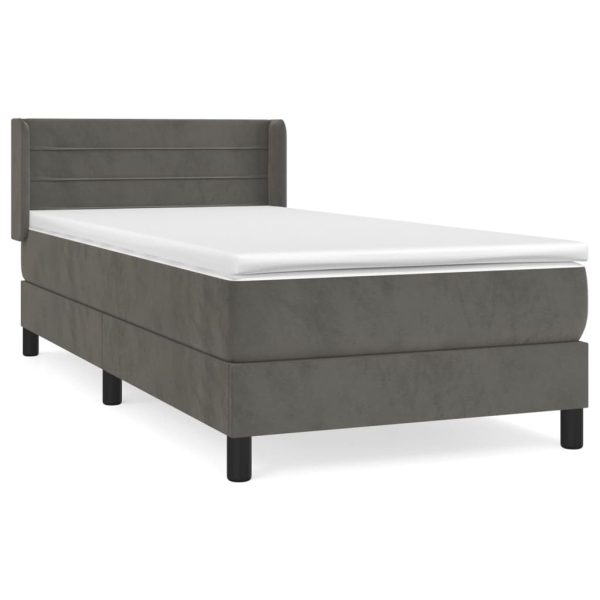 Pat box spring cu saltea, gri închis, 90×190 cm, catifea