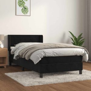 Pat box spring cu saltea, negru, 90×200 cm, catifea