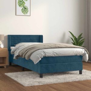 Pat box spring cu saltea, albastru închis, 100×200 cm, catifea