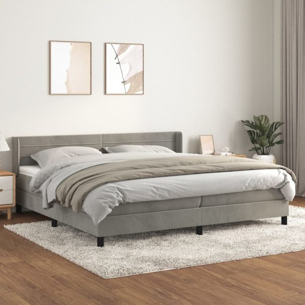 Pat box spring cu saltea, gri deschis, 200×200 cm, catifea