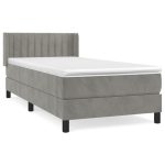 Pat box spring cu saltea, gri deschis, 90×190 cm, catifea