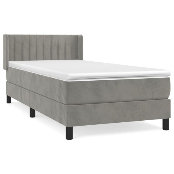 Pat box spring cu saltea, gri deschis, 90×190 cm, catifea