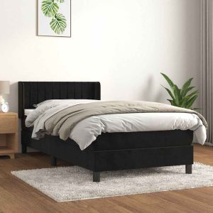 Pat box spring cu saltea, negru, 90×190 cm, catifea