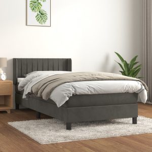 Pat box spring cu saltea, gri închis, 100×200 cm, catifea