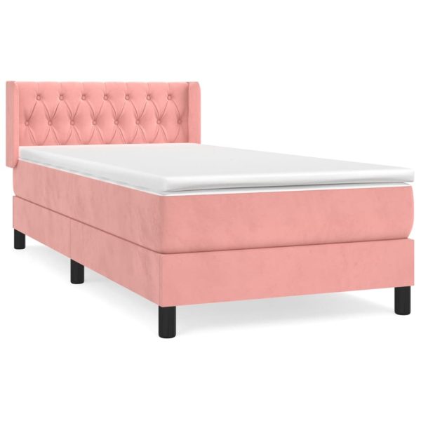 Pat box spring cu saltea, roz, 90×190 cm, catifea