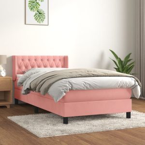 Pat box spring cu saltea, roz, 90×190 cm, catifea