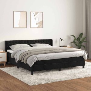 Pat box spring cu saltea, negru, 160×200 cm, catifea