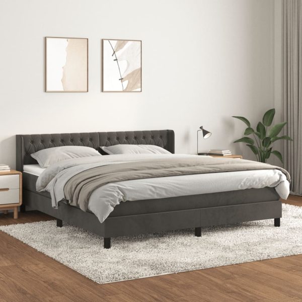 Pat box spring cu saltea, gri închis, 180×200 cm, catifea