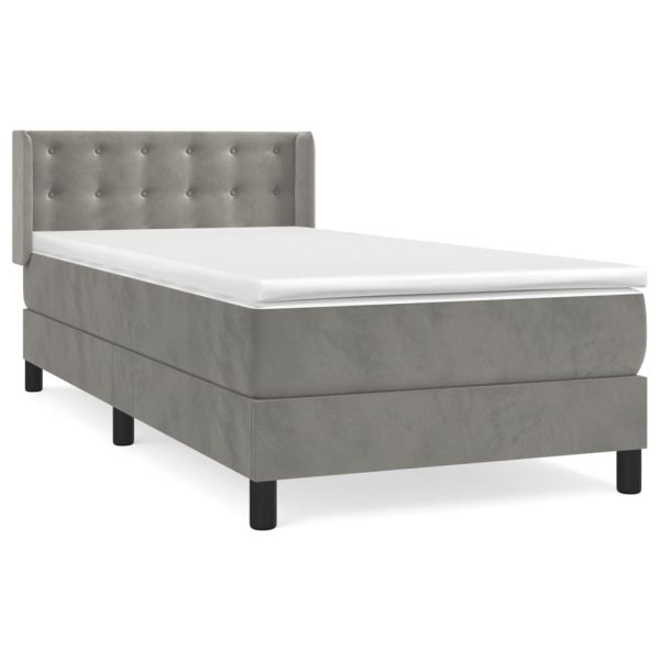 Pat box spring cu saltea, gri deschis, 90×200 cm, catifea