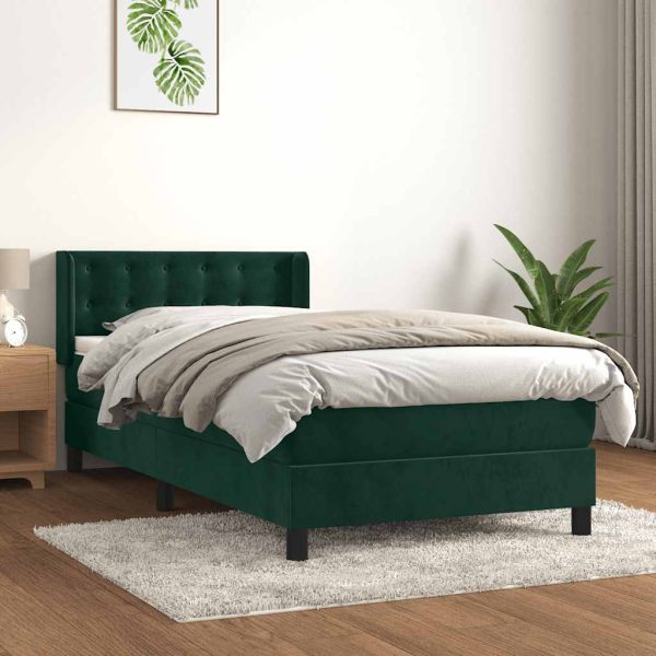 Pat box spring cu saltea, verde închis, 90×200 cm, catifea