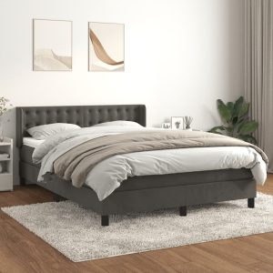 Pat box spring cu saltea, gri închis, 140×190 cm, catifea